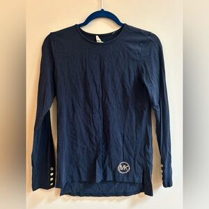 Michael Kors Navy Blue Long Sleeve Shirt Top, Rhinestone MK Casual Cotton Blend